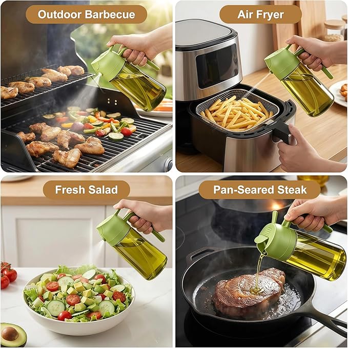 Poshetion 2 in 1 Olive Oil Sprayer for Cooking, 16oz Light-Proof Oil Dispenser for Kitchen, Leak-Proof Oil Spray Bottle for Air Fryer, Salad, BBQ, Baking, Grilling - Black & Green