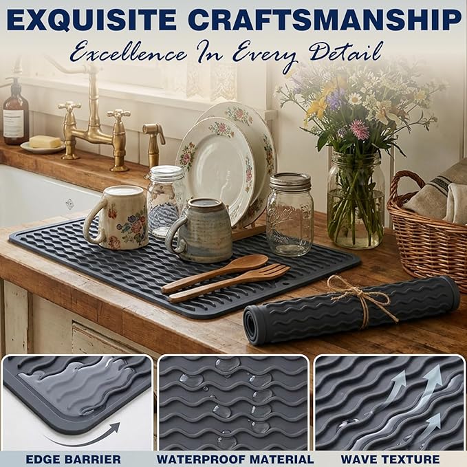 CAKETIME 2 Pack Silicone Dish Drying Mat for Kitchen Counter Heat Resistant Quick Dry Pads Hot Dishes Waterproof with Under Sink Rack Soap Holder Coffee Accessories Women Gifts 12"x12" Light Gray