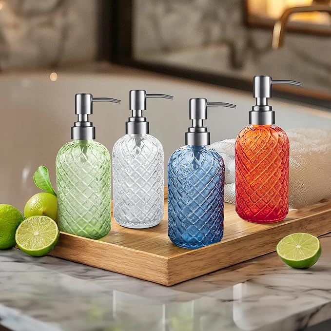 14 Oz Refillable Glass Soap Dispenser with Rust Proof Stainless Steel Pump, for Dispense Hand soap, Body wash, Lotion 2pack (Green)