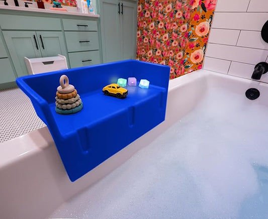 Tub Topper® Mini Bathtub Splash Guard for Kids - Compact Bath Splash Guard & Tub Play Shelf - Easy to Remove, Store & Clean - Patented Lip Design, Non-Silicone, BPA-Free, Made in USA (Blue)
