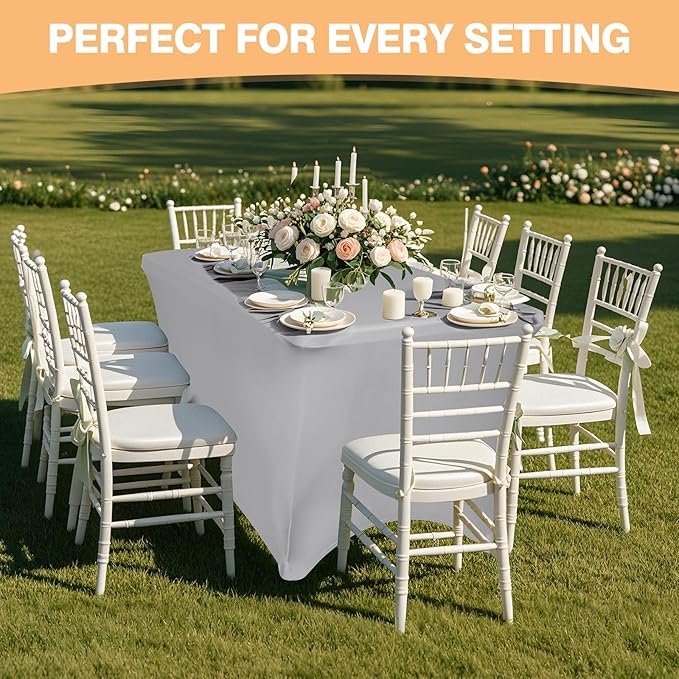 2 Pack 6 Feet Grey Spandex Tablecloth for Rectangular Tables, Fitted & Stretch, Washable, Wrinkle Resistant, Perfect for Event, Wedding, Party, Banquet, Cocktail, Festival, and Table Protector