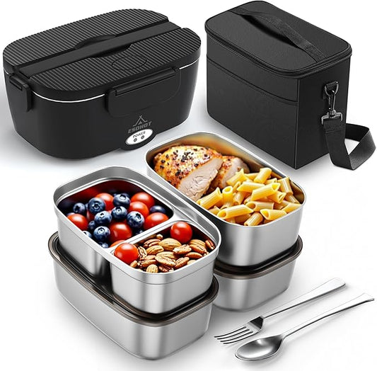 Heated Lunch Box,120W Electric Lunch Box for Adults with 1.5L 304 Stainless Steel Container, 12V/24V/110V Lonchera Eléctrica Portátil for Travel,Work,Car,Truck (Pure Black, 1.5L x 4)
