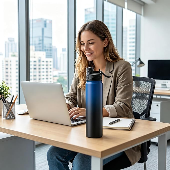 Fijinhom 24 oz Insulated Water Bottle, 2-in-1 Straw and Spout Lid Stainless Steel Thermos, Leak-Proof, Double Wall Vacuum Flask, Keep Cold 24H for Outdoor, Sports, Travel, School (Blue&Blck)