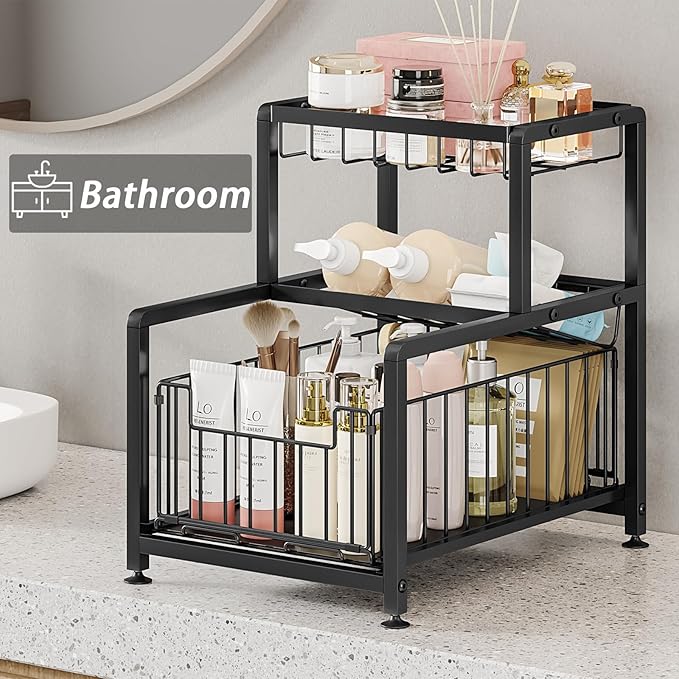 Under Sink Organizer 3 Tier Pull Out Cabinet Organizer with Drawer, Slip-Resistant Kitchen & Bathroom Storage Shelf, Slide Out Spice Rack Organizer Seasoning Holder with Utility Ware Holder (Black)