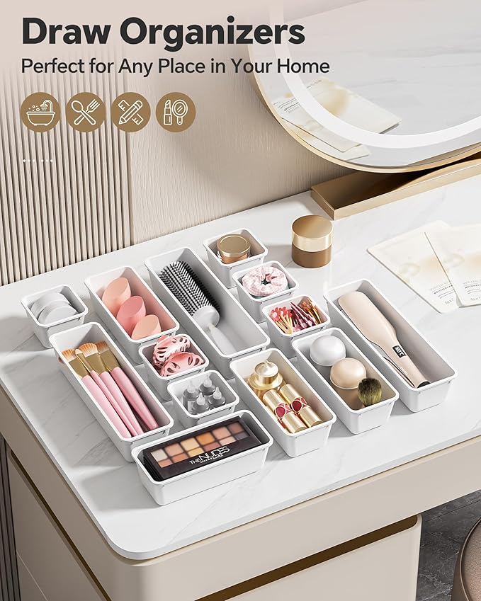 13 Pack Plastic Drawer Organizers Set, 3 Sizes Desk Drawer Organizer Trays for Vanity and Makeup Organizer, Organization and Storage for Makeup, Kitchen Utensils, Bathroom and Office(White)