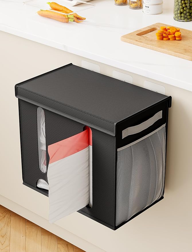 NiHome 2-in-1 Nonwoven Fabric Trash Bag Dispenser & Grocery Bag Holder, Large Adjustable Organizer for 4-33 Gallon Rolls, Wall-Mounted or Countertop Use, Multi-Purpose for Kitchen, Bathroom (Black)
