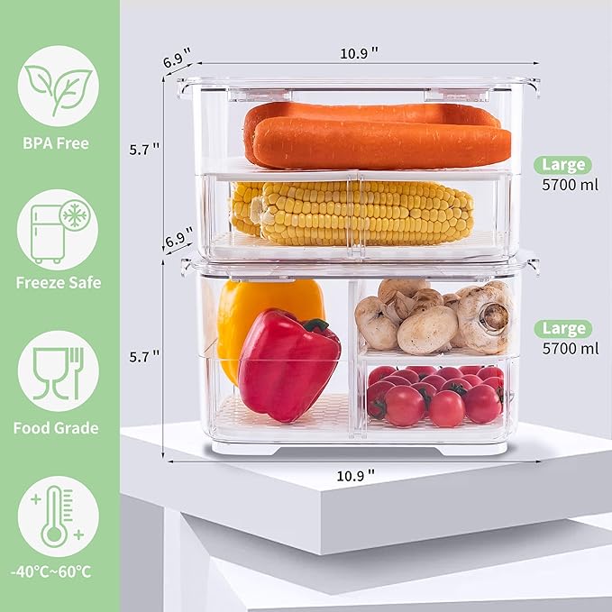 elabo Fruit Storage Containers Fridge Produce Saver -Stackable Refrigerator Organizer Storage and Colander Container with Lids and Removable Drain Tray for Veggie, Berry and Fruits, 2 Large
