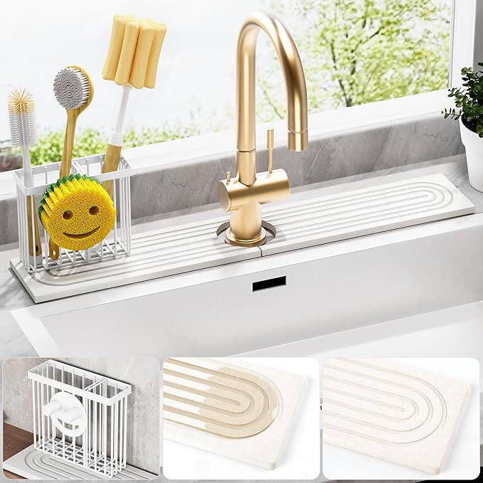 Cisily White Diatomite Faucet Mat for Kitchen Sink Protectors with Dish Brush Holder-Absorbent Drying Counter Stone Water Splash Guard Area, Behind Kitchen Sink Caddy Organizers Accessories Organizer