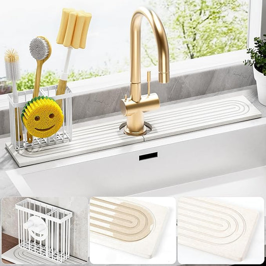 Cisily White Diatomite Faucet Mat for Kitchen Sink Protectors with Dish Brush Holder-Absorbent Drying Counter Stone Water Splash Guard Area, Behind Kitchen Sink Caddy Organizers Accessories Organizer