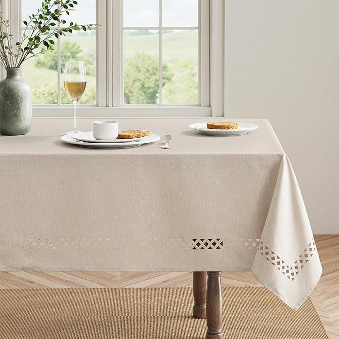MIULEE Beige Rectangle Linen Polyester Tablecloth with Decorative Cutouts Spring Waterproof Stain Resistant & Shrink-Proof Table Cloth 60x144 inch Farmhouse Style for Dining Wedding and Outdoor