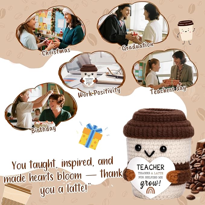 OCCdesign Mini Teacher Appreciation Gifts for Women Men Teachers Graduation Gift for Her Him Crochet Coffee Gifts for Birthday Retirement Thank You Gift Classroom Encouragement Handmade Coffee Cup