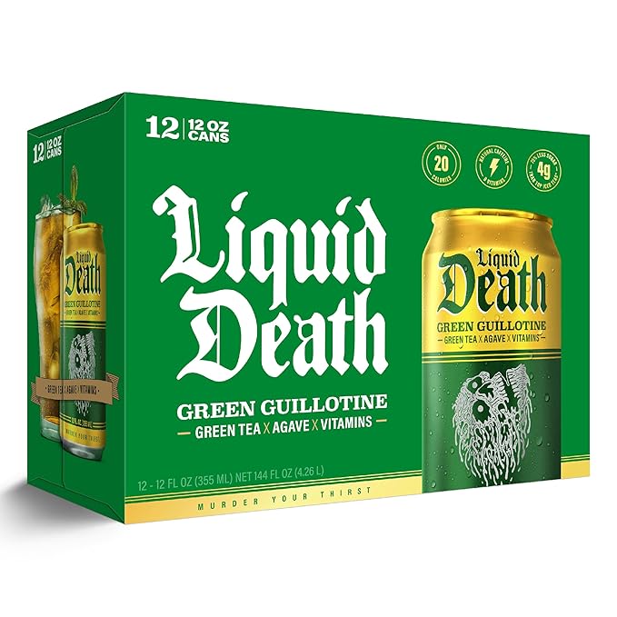 Liquid Death Iced Tea - Green Guillotine (Green Tea), Less Sugar*, Boost of Caffeine, B Vitamins, No Artificial Sweeteners, 12 Fl Oz (Pack of 12)