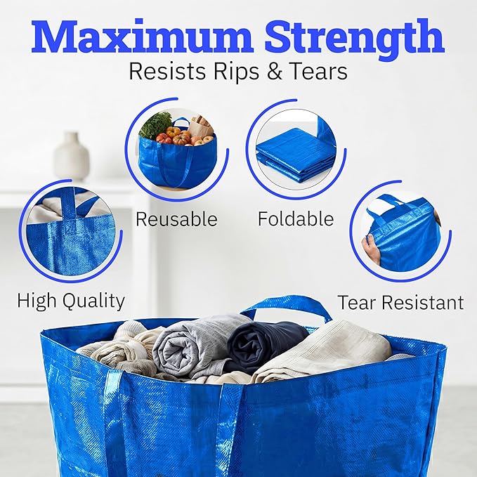 DURASACK Haul-It-All Extra-Large Reusable Shopping Bag – Heavy Duty Open-Top Tote with Handles, 18-Gallon Capacity, Blue, Pack of 4