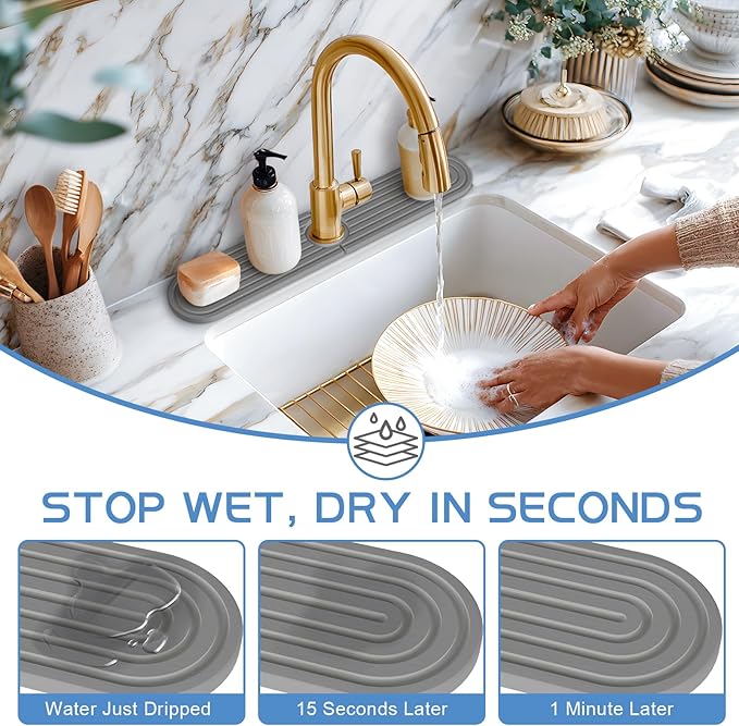 Stone Faucet Mat for Kitchen Sink, Water Absorbent Fast Drying Stone Tray for Sink , Quick Dry Diatomite Splash Guard for Bathroom Counter to Prevent Moisture Buildup, 23.6" x 4", Dark Grey