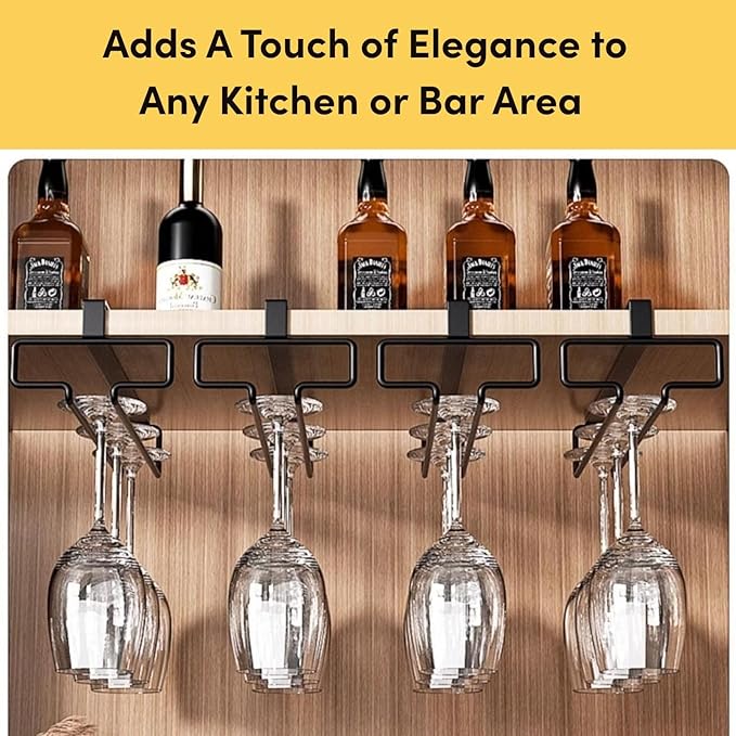 LINFIDITE Wine Glass Holder 2PCS Stemware Rack Hanger Under Cabinet Wine Glass Rack Kitchen Hanging Storage Rack Organizer,Black (For Partition Thickness under 0.98")