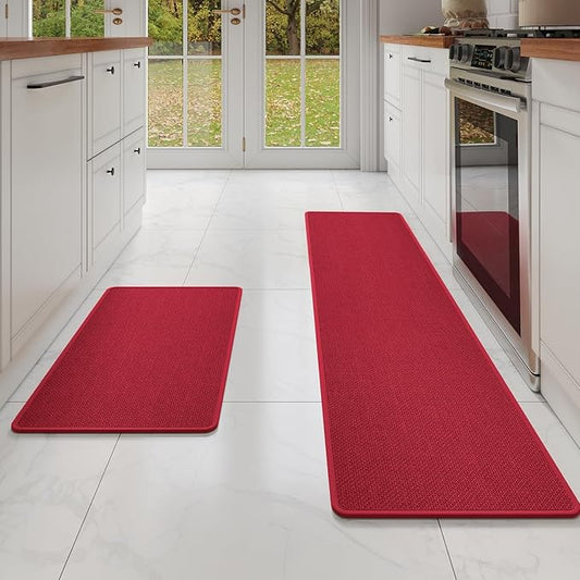 Kitchen Mat Set of 2 PCS, Cushioned Non Slip Rugs for Kitchen Floor, Absorbent Runner Comfort Standing Mats Washable for Kitchen, Office, Home Red 17x30+17x59