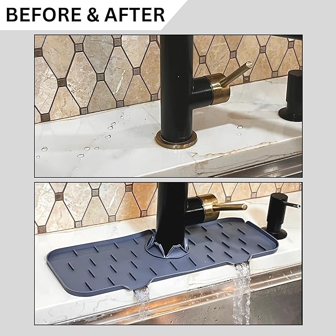 Silicone Sink Splash Guard, Drip Catcher Tray Mat | Kitchen Guard Gadgets Sink Accessories, kitchen sink sponge holder | 15"" x 5.5"" Drying Mat for Kitchen Counter, faucet accessories - Grey, Gray
