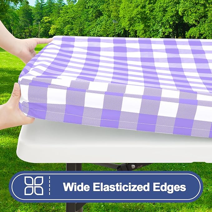 Smiry Picnic Table Cloth 2 Pack, Waterproof Elastic Fitted Tablecloths for 4FT Rectangle Tables, Washable Polyester Buffalo Plaid Tablecloth for Camping, Dining & Outdoor (Purple & White, 30" x 48")