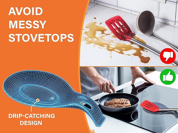 Silicone Spoon Rest for Stove Top – 1 Piece – HEAT RESISTANT DISHWASHER SAFE Kitchen Utensil Holder for LARGE Utensils - Won’t Break - Non-Slip - Ideal for Glass & Induction Cooktops - for Home Cooks