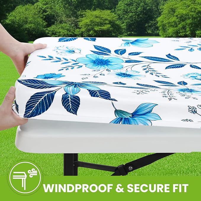 Smiry Spandex Fitted Tablecloth for 4 Foot Rectangle Tables, Washable Picnic Table Cover with Elastic, Stretch Reusable Table Cloth for Outdoor, Camping, Dining & Kitchen (Blue Flower, 30"x48")