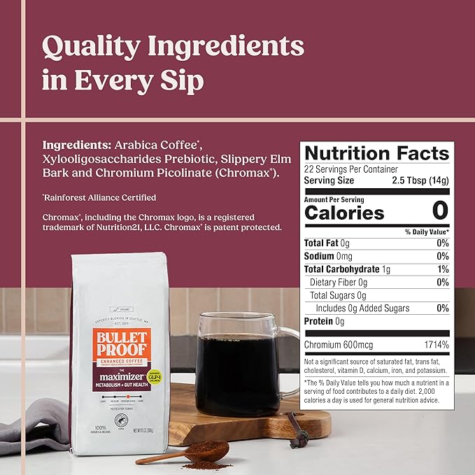 Bulletproof Maximizer Ground Coffee with Prebiotics, Metabolism and Gut Health Support, Clean Coffee Tested for Toxins, Medium-Dark Roast, 10 oz