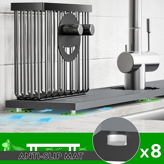 Cisily Diatomite Faucet Mat for Kitchen Sink Protectors with Dish Brush Holder-Absorbent Drying Counter Stone Water Splash Guard Area, Behind Kitchen Sink Caddy Organizers Decor Accessories Organizer
