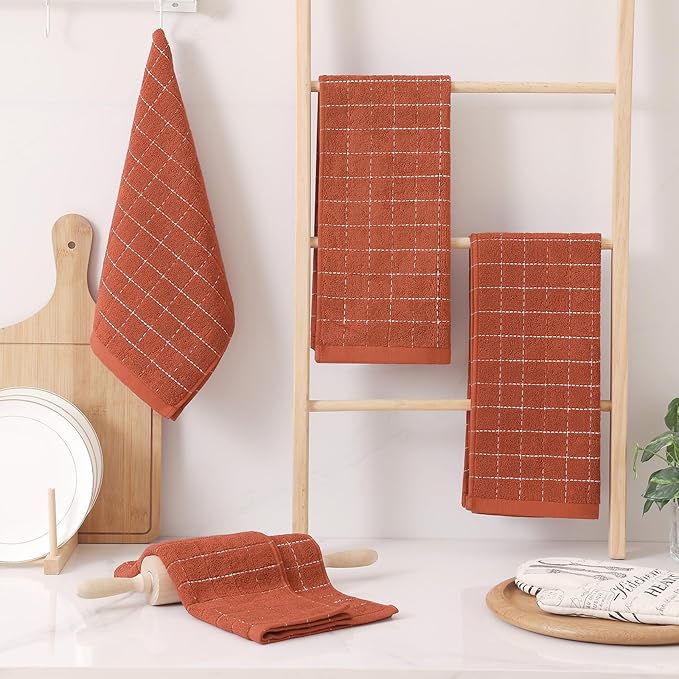 Homaxy 100% Cotton Terry Kitchen Towels(Rust, 13 x 28 inches), Checkered Designed, Soft and Super Absorbent Dish Towels, 6 Pack