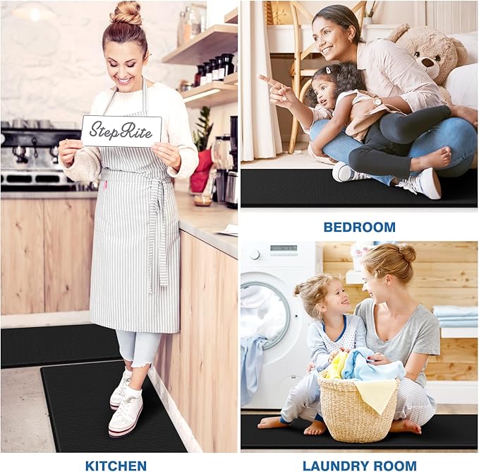 StepRite Kitchen Mats, 2PCS Kitchen Rugs, Cushioned Anti Fatigue Kitchen Mats for Floor, Non-Slip Standing Desk Mat, Waterproof Kitchen Rug Set for Kitchen, 20" x 32"+20" x 48"-0.47 inch Thick, Black