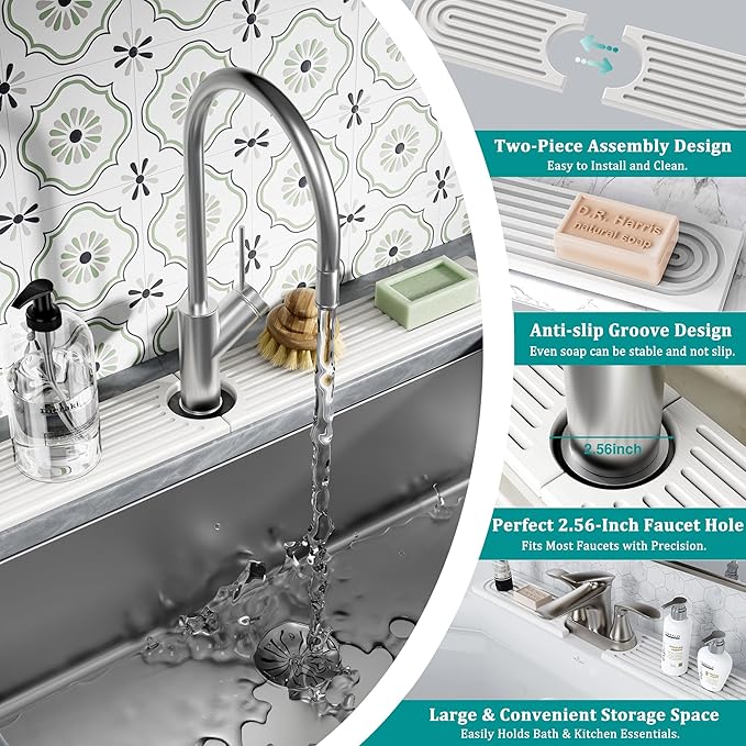 Stone Faucet Mat for Kitchen Sink - Quick Dry Diatomite Sink Splash Guard, Prevents Moisture Buildup & Water Stains, Water Absorbing Stone Tray for Bathroom Countertop (White, 20" x 4")
