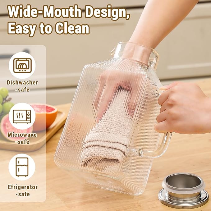 1 Gallon thickened Square Glass Pitcher with Lid, Classic Stripes Water Pitchers for Fridge, Borosilicate Glass Carafe for Hot/Cold Brew Drink, Extra Large Jug with Handle for Iced Tea, Coffee, Juice