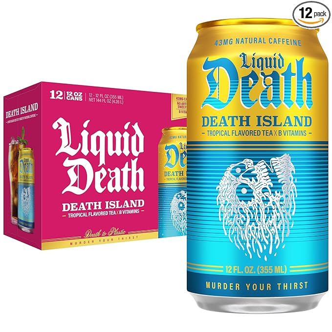 Liquid Death Iced Tea - Death Island (Tropical-Flavored Black Tea), Less Sugar*, Boost of Caffeine, B Vitamins, No Artificial Sweeteners, 12 Fl Oz (Pack of 12)