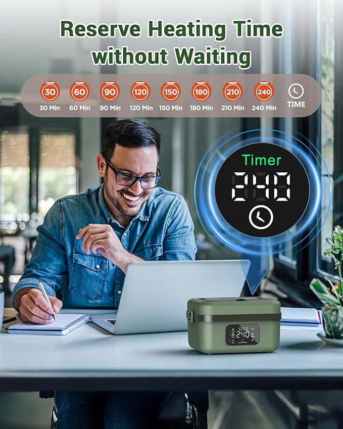 ODSD Cordless Electric Lunch Box for Adults, 16000mAh Rechargeable Self-Heating Lunch Box Food Warmer with Timer & Adjustable Heating, 34oz/1L Container with Insulated Bag for Office Car Outdoor