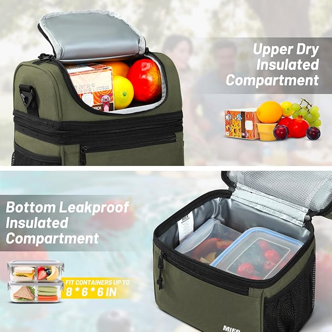MIER Insulated Lunch Box Dual Compartment Lunch Bag Leakproof Cooler for Men Women Adult Work, Army Green, Medium (Upgraded Extra-Tall Bottom Layer)