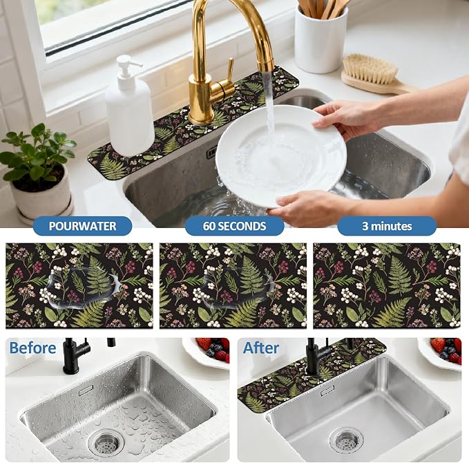 2 Pcs Kitchen Sink Splash Guard Faucet Mats Vintage Fern and Berries Pattern Faucet Mat for Sinks Absorbing Drying Mat for Kitchen Bathroom, 23.6x5.5inch