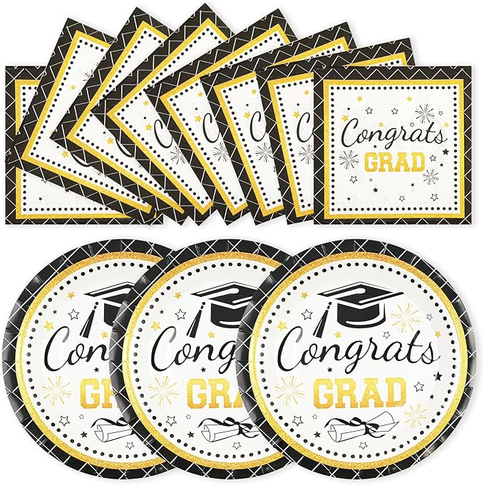 50PCS Graduation Plates Party Supplies, 7INCH Black and Gold Paper Plates and Napkins 2026 Graduations Party Decorations Disposable Tableware for College High School Congrats Grad Party Supplies