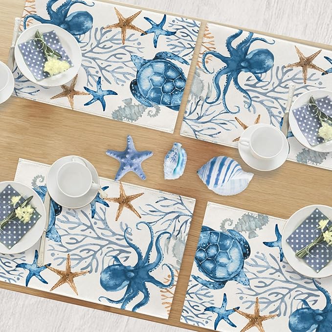 Seliem Spring Summer Octopus Turtle Starfish Coral Placemats Set of 4, Coastal Sea Horse Creature Dining Table Place Mats, Nautical Beach Seasonal Kitchen Decor Home Decoration 12 x 18 Inch