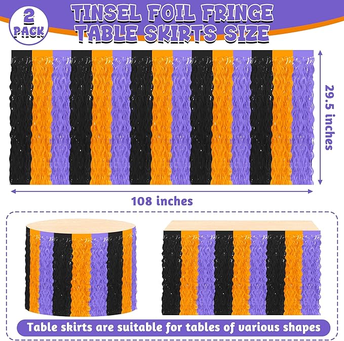 Halloween Table Skirts Decor, 2 Pack Black Orange Purple Desk Skirts Party Decorations, Halloween Wavy Tinsel Foil Fringe Table Skirts, Foil Favors for Indoor Party Backdrop Supplies