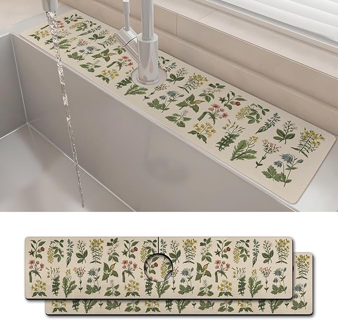 2PCS 24" X 5.5" Kitchen Sink Splash Guard Faucet Mat Floral Super Absorbent Fast Drying Faucet Guard & Draining Mat Sink Splash Guard Behind Faucet for Kitchen, Bathroom