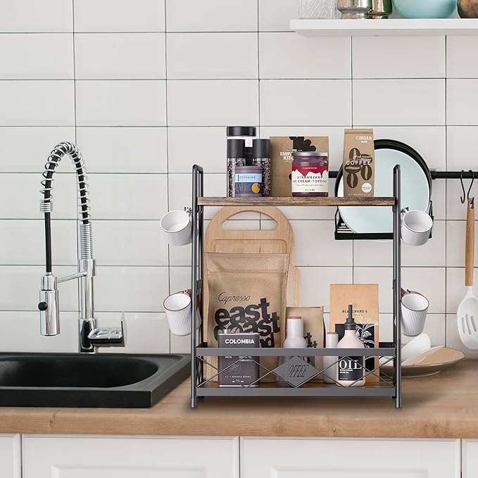 LOTEYIKE 2 Tier Coffee Cup Holder for Countertop, Coffee Mug Organizer with 12 Hook, Coffee Mug Holder, Metal Coffee Mug Shelf for Coffee Bar Kitchen, Black