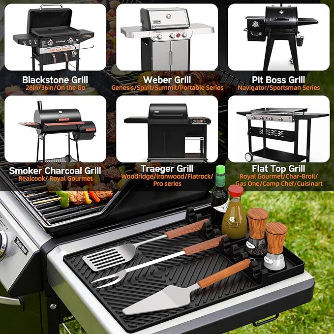 Griddle Mat Barbeque Grill Accessories Tools for Blackstone, Side Shelf Mat Grill Pad for Outdoor Grill Kitchen Counter Spatula Silicone Mat with Drip Pad for Kitchen, Cooking, Countertop (Black)