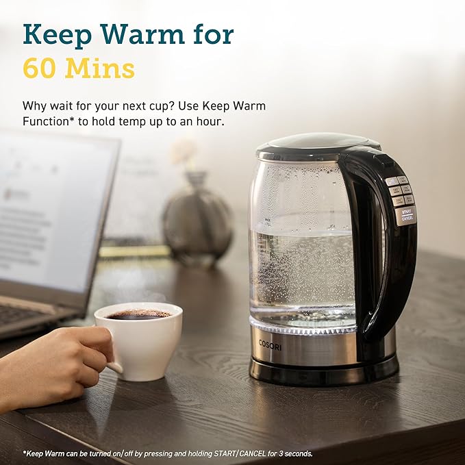 Cosori Electric Kettle Temperature Control with 6 Presets, 60min Keep Warm 1.7L Electric Tea Kettle & Hot Water Boiler, 304 Stainless Steel Filter, Auto-Off & Boil-Dry Protection, BPA Free, Black