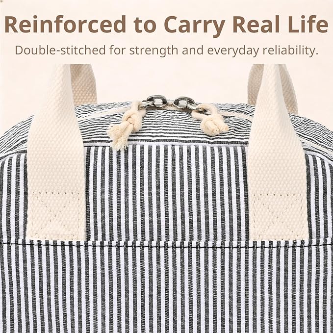 LOVELYWIND Insulated Lunch Bag for Women, Reusable BLack Striped Lunch Box Cooler Bag with Large Capacity, Durable Lunch Tote for Work