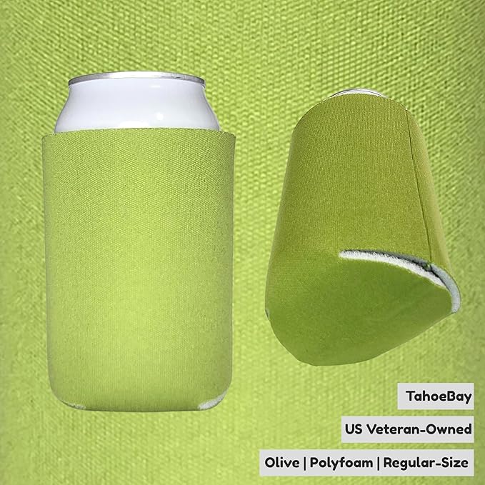 TahoeBay Bulk Blank Beer Can Cooler Sleeves (50-Pack) Sublimation Blanks for Vinyl Plain Soft Foam Can Sleeves Coolers for Soda Cans & Bottles Black, White, Assorted Solid Color (Olive)