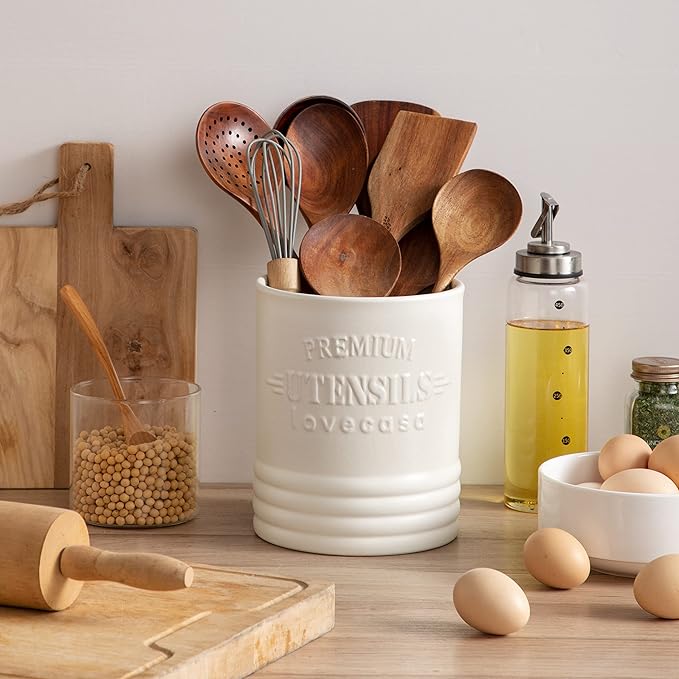 LOVECASA Vintage Utensil Holder for Kitchen Countertop, 7.2” Large Ceramic Utensil Crock for Home Décor, Farmhouse Utensil Vase for Housewarming, Wedding, Birthday Gift - Cream White