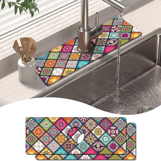 2 Pack 2 Pack Kitchen Sink Splash Guard Faucet Mat 15" X 5.5" Mandala Absorbent Fast Drying Mat Faucet Draining Mat Sink Splash Guard Behind Faucet Drip Catcher for Kitchen Bathroom