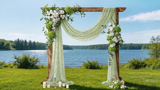 Socomi Pearl Table Runner Sage Green Summer Wedding Arch Draping Fabric 19FT Sheer Tulle Chiffon Gauze Cheese Cloth Outdoor Drapes for Birthday Party Baby Shower Bridal Engagement Decor
