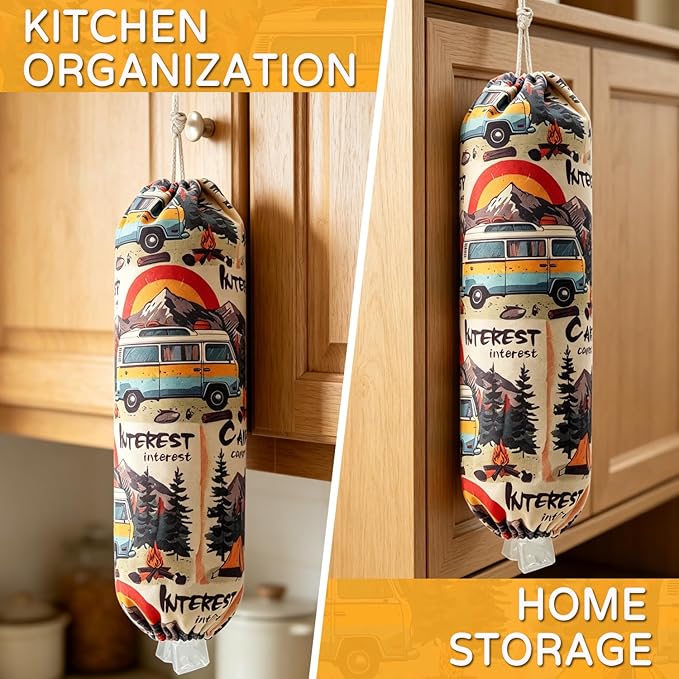 Plastic Bag Holder, Washable Grocery Bag Holder for Plastic Bags Groceries Store, Wall Mount Canvas Shopping Plastic Bag Organizer Dispenser for Home, Kitchen, Campers, RV, Car (Camping Trip)