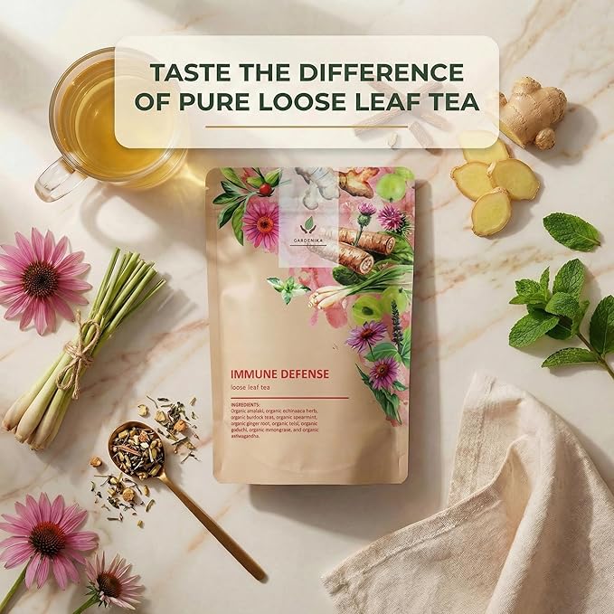 Gardenika Organic Immune Loose Leaf Tea, Herbal, Caffeine Free Leaves, Ayurvedic, KSA Kosher – 4 oz (1 Pack)