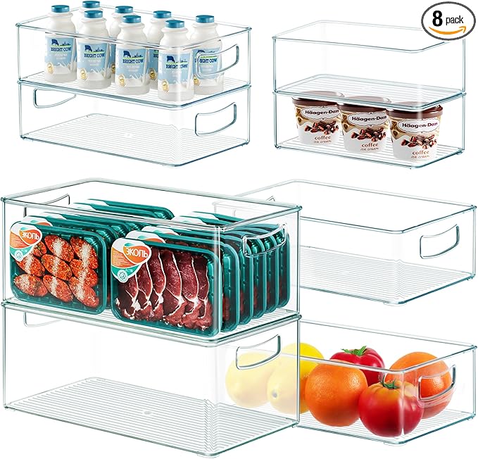 8 PACK Freezer Organizer Bins Fridge Organizer Stackable Storage Bins with Side Handles Refrigerator Organizers and Storage Home Organization Must Haves