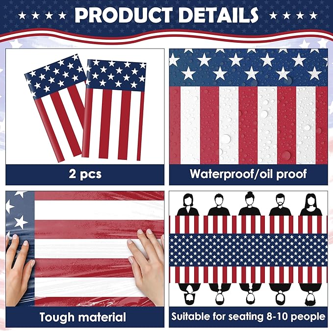 OHOME 4th of July Decorations - Patriotic American Flag Plastic Tablecloth for 250th Anniversary | Fourth of July Accessories Memorial Day Decor for Home Outdoor Outside Party Favors,54"x108",2 Pack